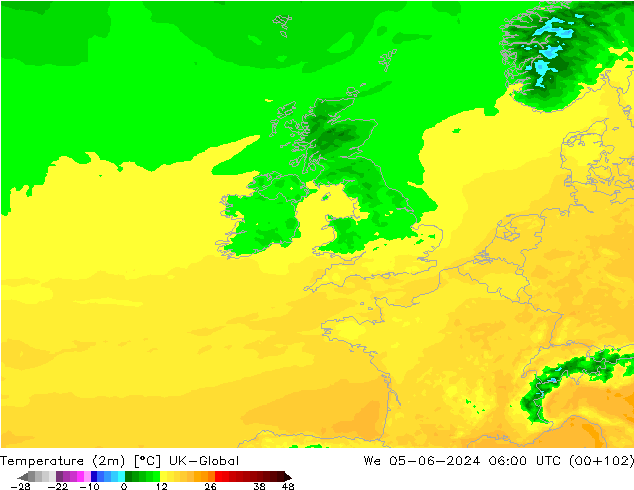 Temperatura (2m) UK-Global Qua 05.06.2024 06 UTC