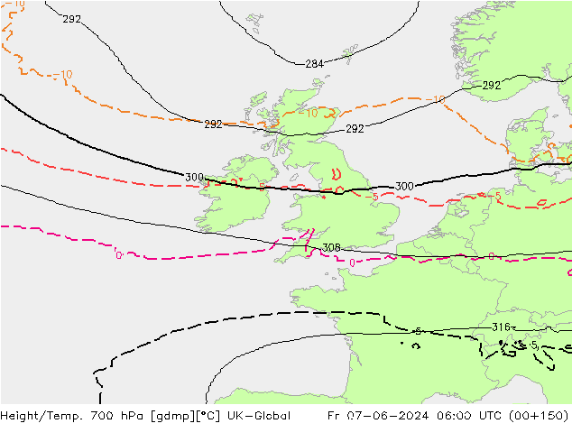 Height/Temp. 700 гПа UK-Global пт 07.06.2024 06 UTC