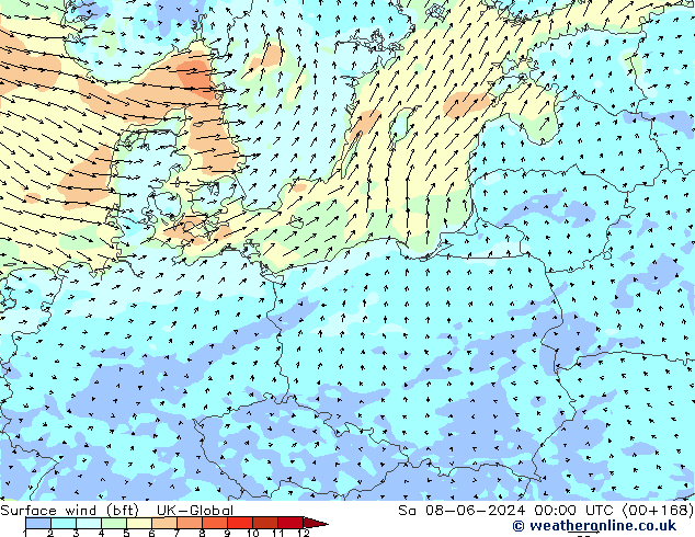 Vent 10 m (bft) UK-Global sam 08.06.2024 00 UTC