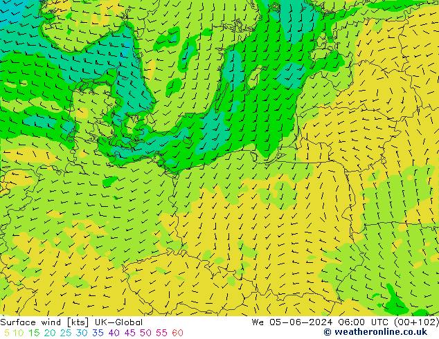 Surface wind UK-Global We 05.06.2024 06 UTC