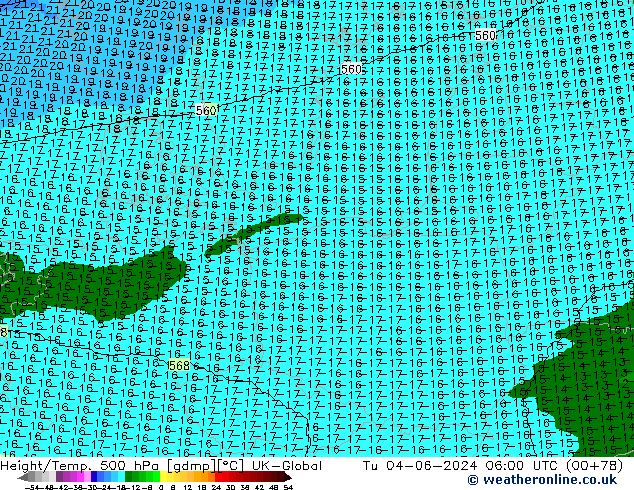 Height/Temp. 500 hPa UK-Global wto. 04.06.2024 06 UTC