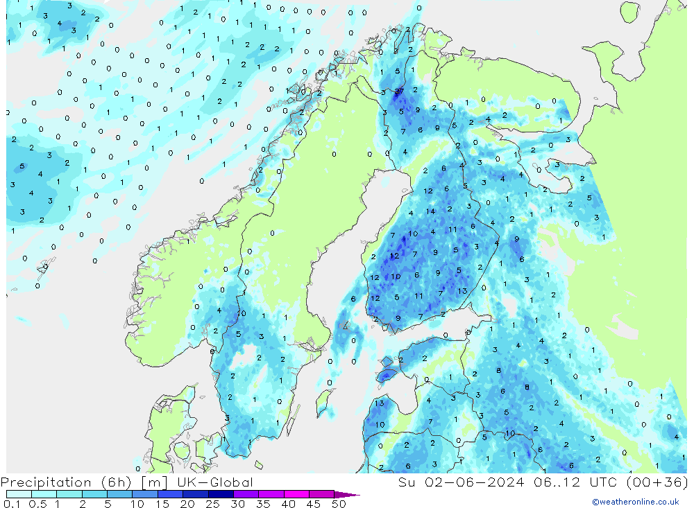 Precipitation (6h) UK-Global Ne 02.06.2024 12 UTC
