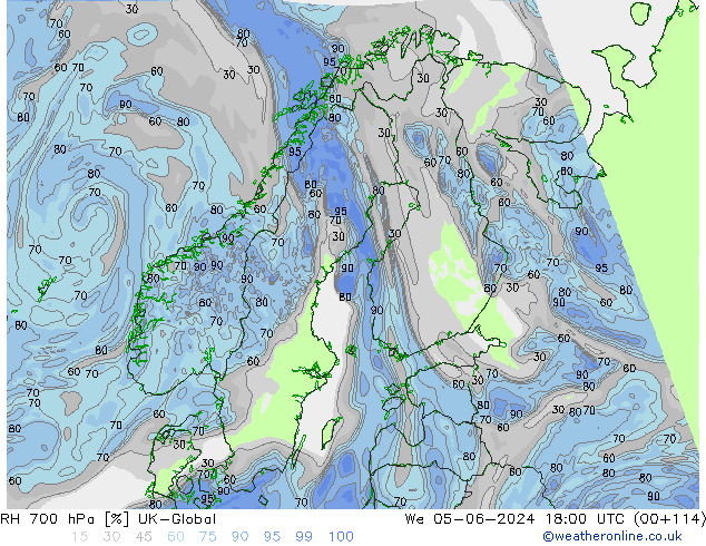 Humedad rel. 700hPa UK-Global mié 05.06.2024 18 UTC