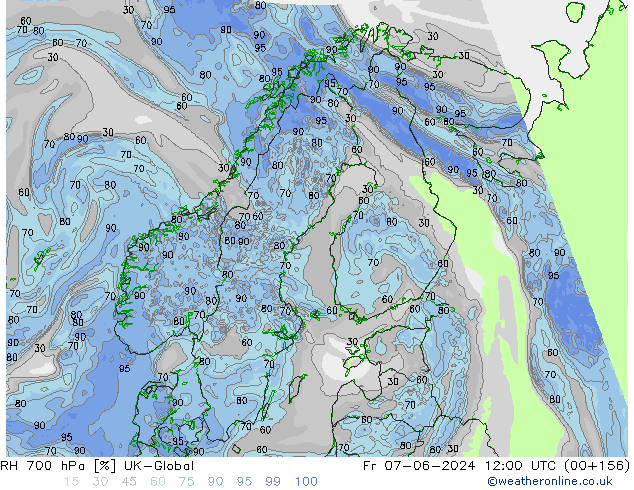 Humidité rel. 700 hPa UK-Global ven 07.06.2024 12 UTC