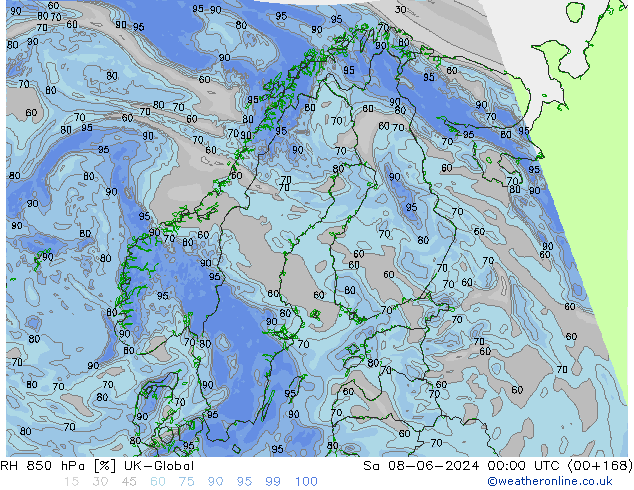 RH 850 hPa UK-Global Sáb 08.06.2024 00 UTC