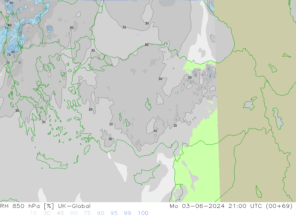 RH 850 гПа UK-Global пн 03.06.2024 21 UTC