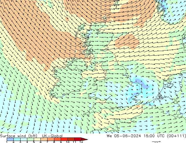 Wind 10 m (bft) UK-Global wo 05.06.2024 15 UTC