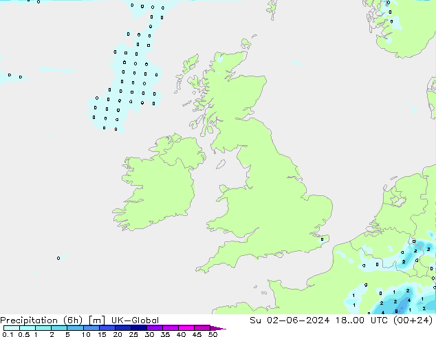 Precipitazione (6h) UK-Global dom 02.06.2024 00 UTC