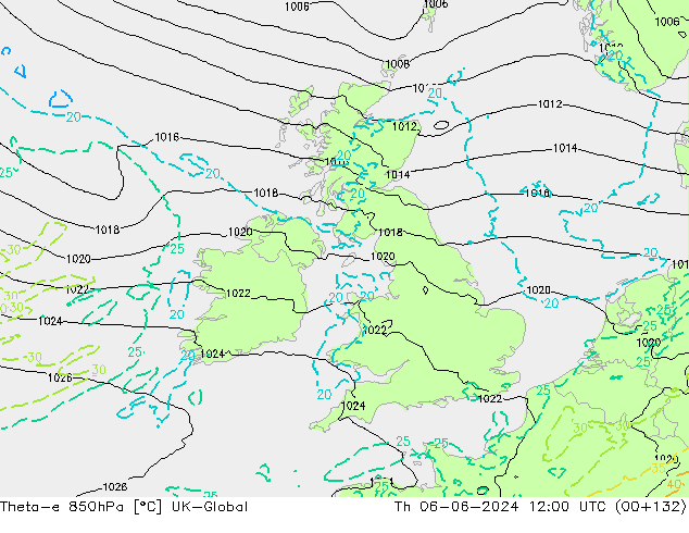Theta-e 850hPa UK-Global Do 06.06.2024 12 UTC