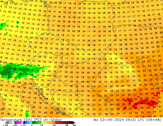 Temperatuurkaart (2m) UK-Global ma 03.06.2024 06 UTC