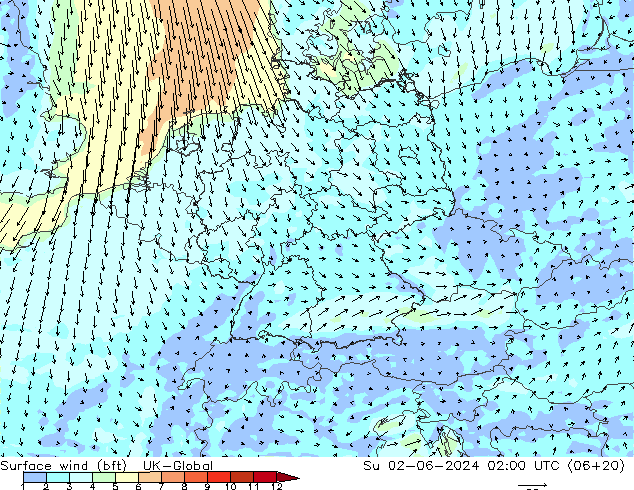 Surface wind (bft) UK-Global Su 02.06.2024 02 UTC