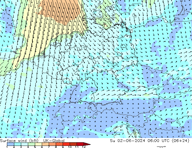 Vent 10 m (bft) UK-Global dim 02.06.2024 06 UTC