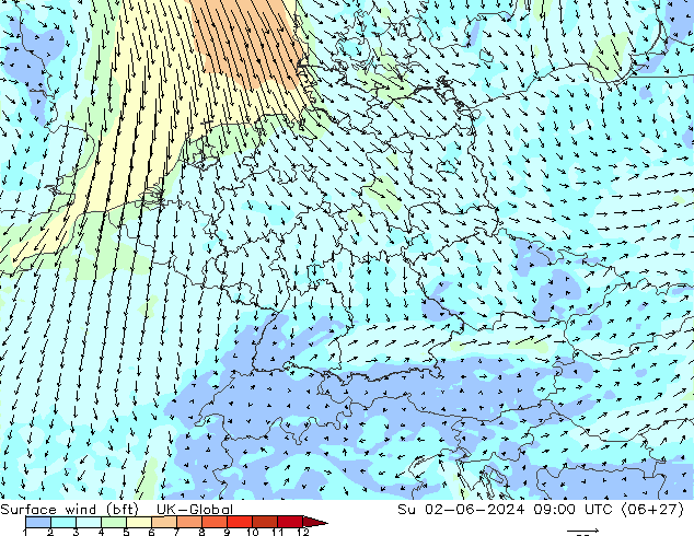 Surface wind (bft) UK-Global Su 02.06.2024 09 UTC