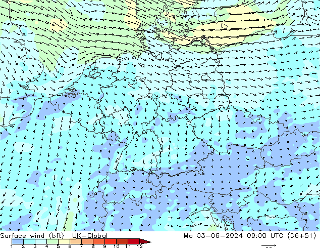 Vent 10 m (bft) UK-Global lun 03.06.2024 09 UTC