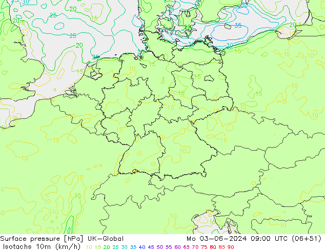 Isotachs (kph) UK-Global lun 03.06.2024 09 UTC