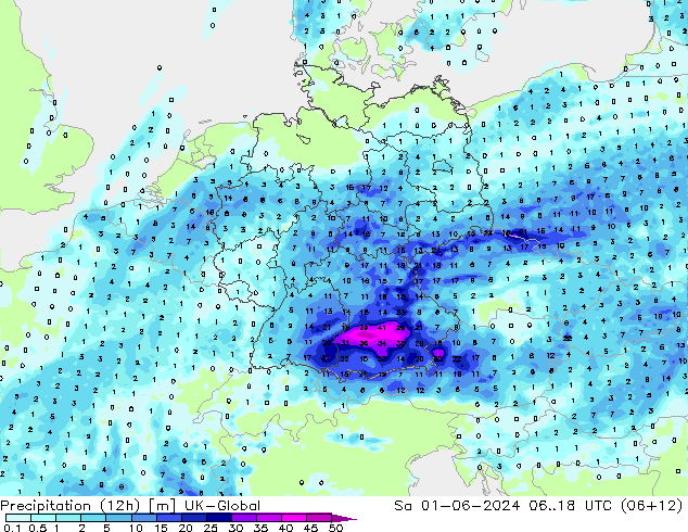 Totale neerslag (12h) UK-Global za 01.06.2024 18 UTC