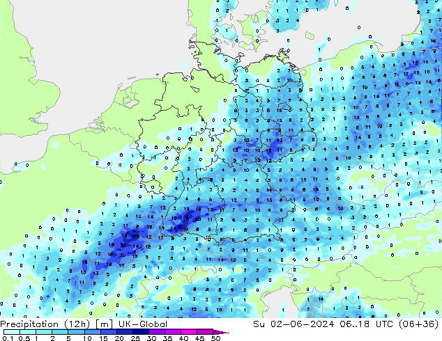 Precipitation (12h) UK-Global Su 02.06.2024 18 UTC