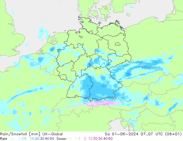 Rain/Snowfall UK-Global 星期六 01.06.2024 07 UTC