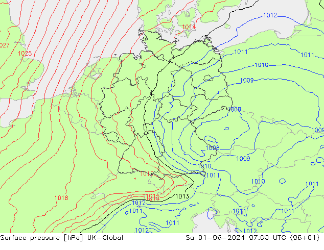 Presión superficial UK-Global sáb 01.06.2024 07 UTC