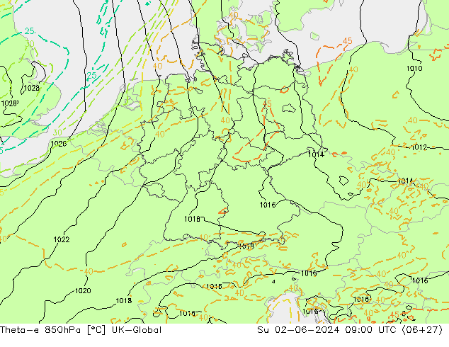 Theta-e 850hPa UK-Global Su 02.06.2024 09 UTC