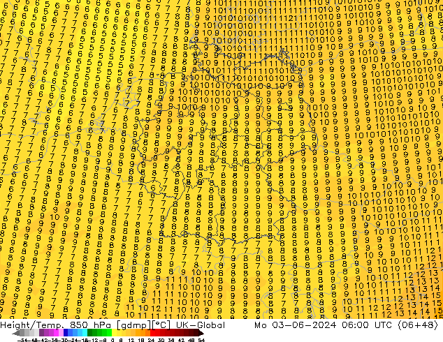 Height/Temp. 850 hPa UK-Global lun 03.06.2024 06 UTC