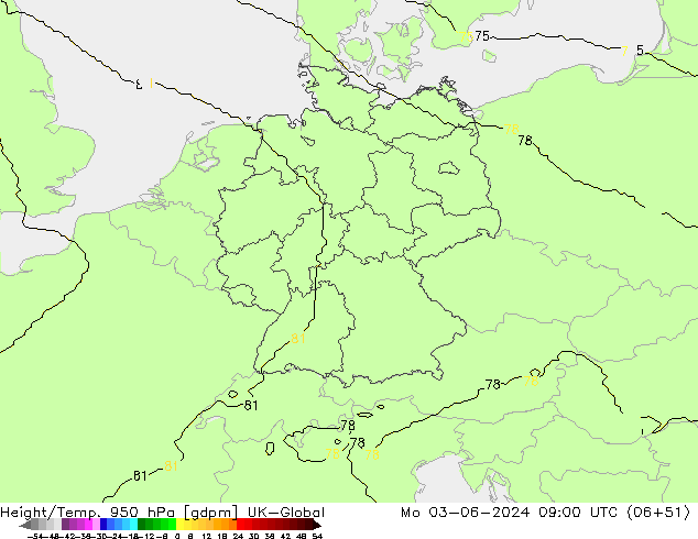 Height/Temp. 950 hPa UK-Global pon. 03.06.2024 09 UTC