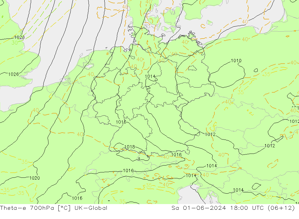 Theta-e 700hPa UK-Global 星期六 01.06.2024 18 UTC