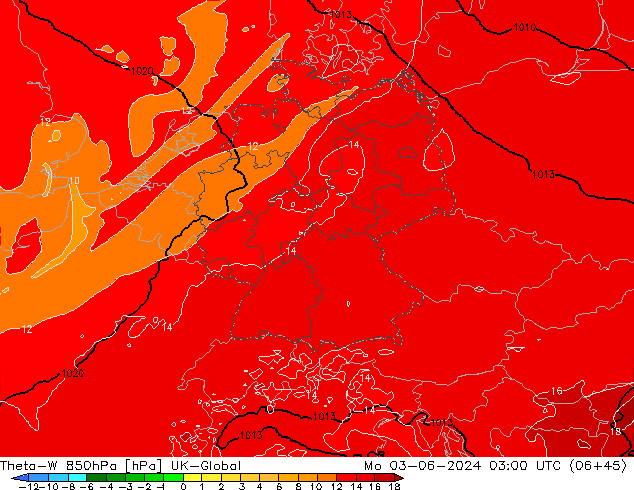 Theta-W 850hPa UK-Global Mo 03.06.2024 03 UTC