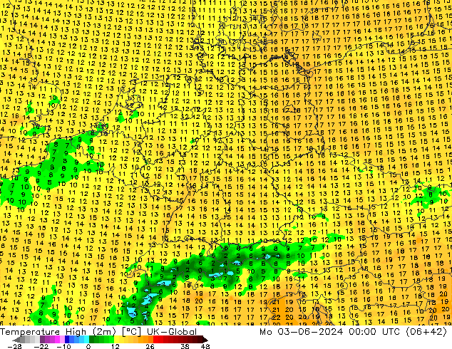 température 2m max UK-Global lun 03.06.2024 00 UTC