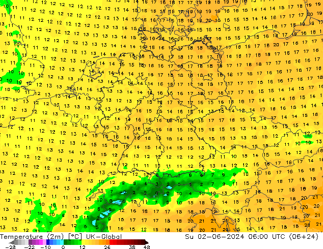 Temperature (2m) UK-Global Su 02.06.2024 06 UTC