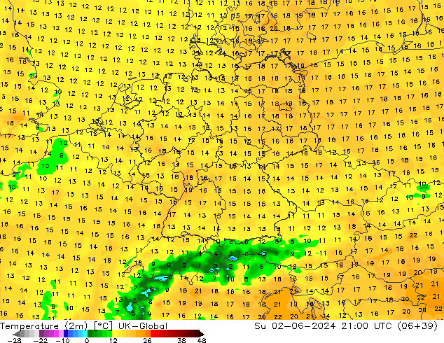 Sıcaklık Haritası (2m) UK-Global Paz 02.06.2024 21 UTC