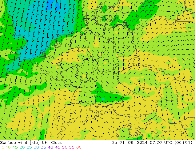 Vento 10 m UK-Global Sáb 01.06.2024 07 UTC