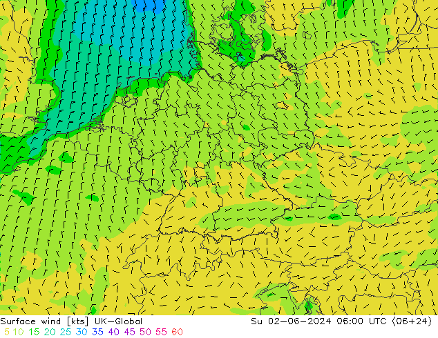 Surface wind UK-Global Su 02.06.2024 06 UTC