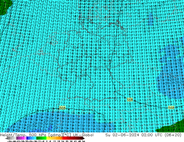 Height/Temp. 500 hPa UK-Global dom 02.06.2024 02 UTC