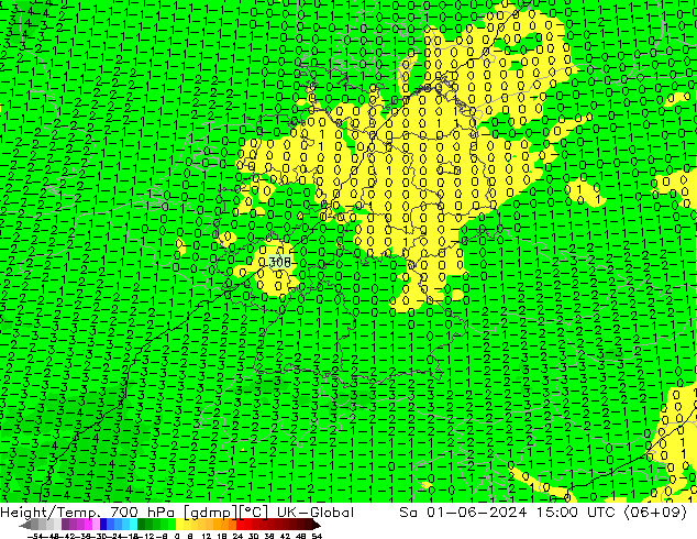 Height/Temp. 700 hPa UK-Global  01.06.2024 15 UTC