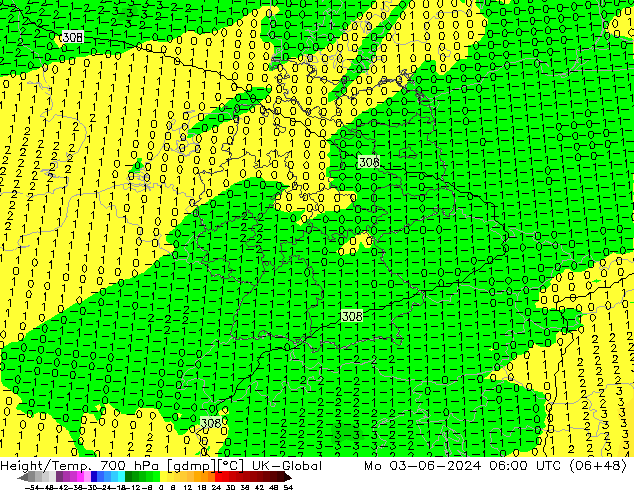 Height/Temp. 700 hPa UK-Global Mo 03.06.2024 06 UTC