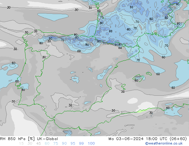 RH 850 hPa UK-Global lun 03.06.2024 18 UTC