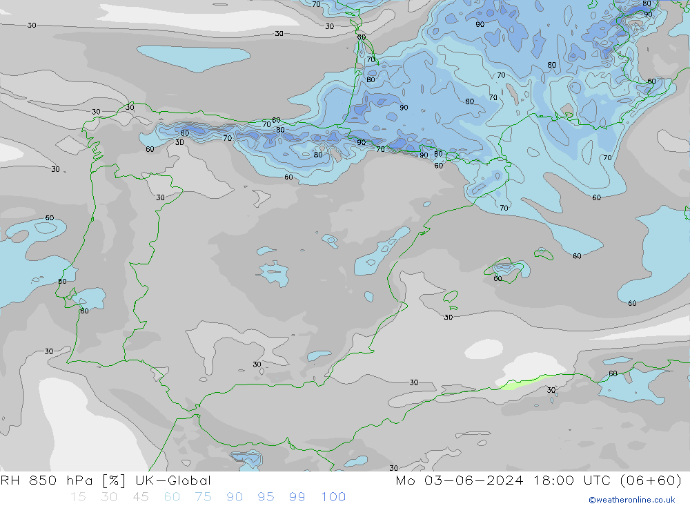 RH 850 гПа UK-Global пн 03.06.2024 18 UTC