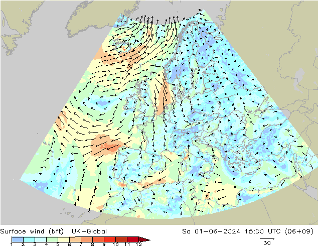 Surface wind (bft) UK-Global Sa 01.06.2024 15 UTC
