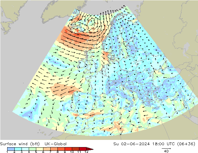 Surface wind (bft) UK-Global Ne 02.06.2024 18 UTC