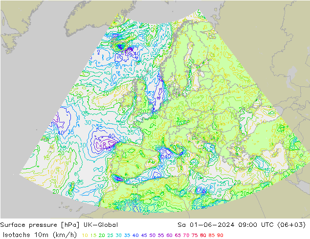 Isotachs (kph) UK-Global sam 01.06.2024 09 UTC