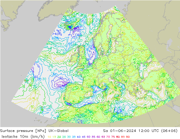 10米等风速线 (kph) UK-Global 星期六 01.06.2024 12 UTC