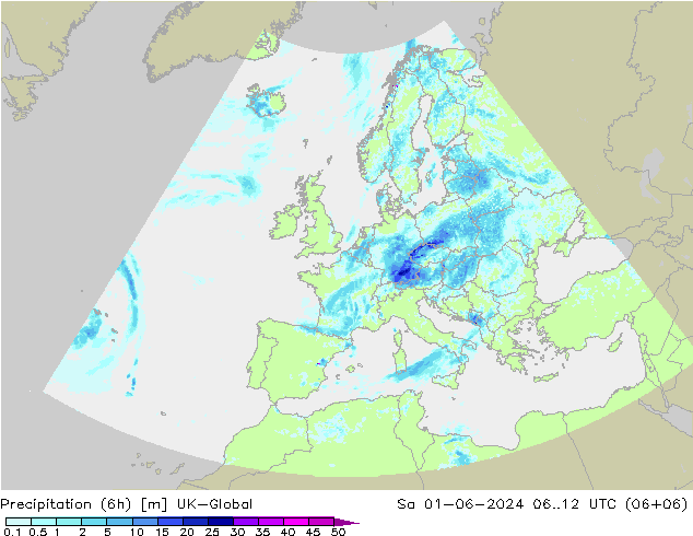 Totale neerslag (6h) UK-Global za 01.06.2024 12 UTC