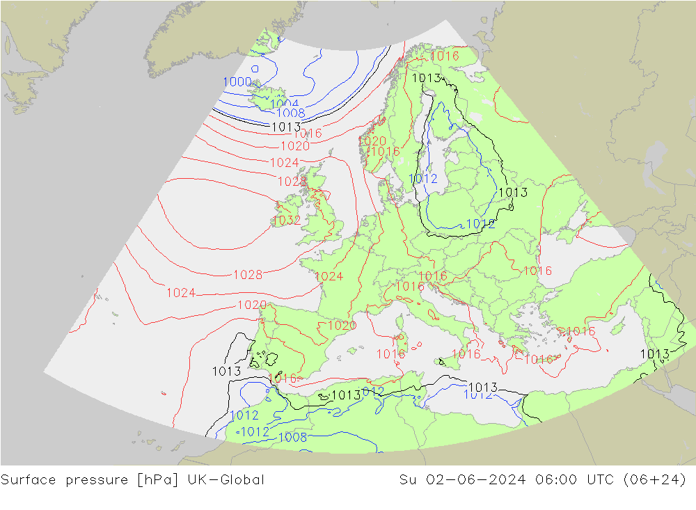 Surface pressure UK-Global Su 02.06.2024 06 UTC