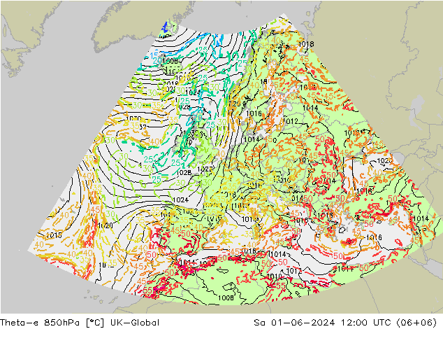 Theta-e 850hPa UK-Global za 01.06.2024 12 UTC