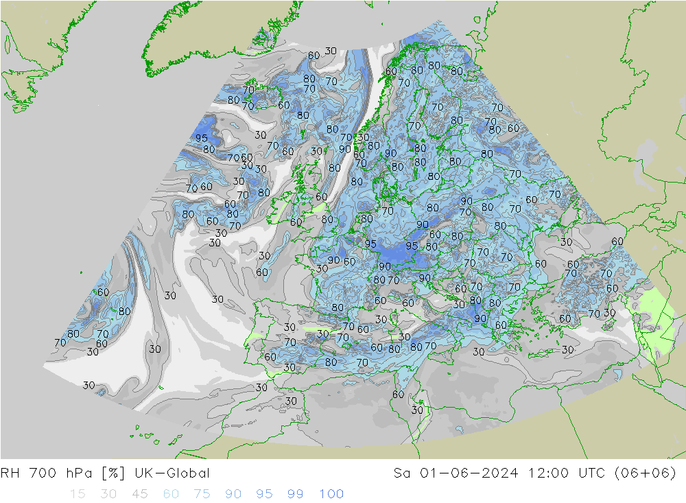 RH 700 hPa UK-Global 星期六 01.06.2024 12 UTC