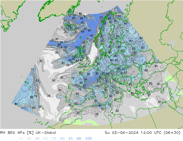 RH 850 hPa UK-Global Su 02.06.2024 12 UTC