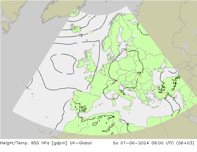 Height/Temp. 950 hPa UK-Global so. 01.06.2024 09 UTC