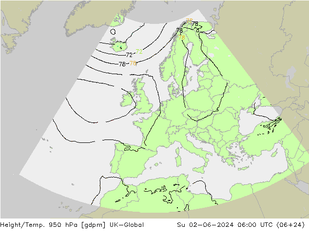 Height/Temp. 950 hPa UK-Global nie. 02.06.2024 06 UTC