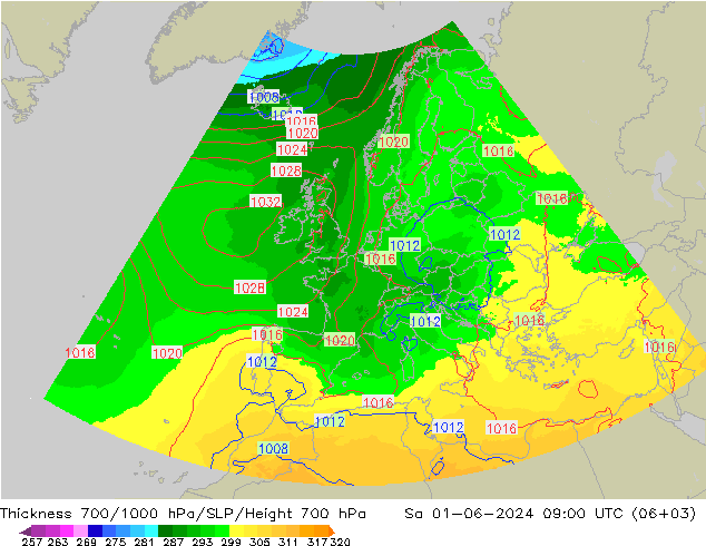 Thck 700-1000 hPa UK-Global So 01.06.2024 09 UTC